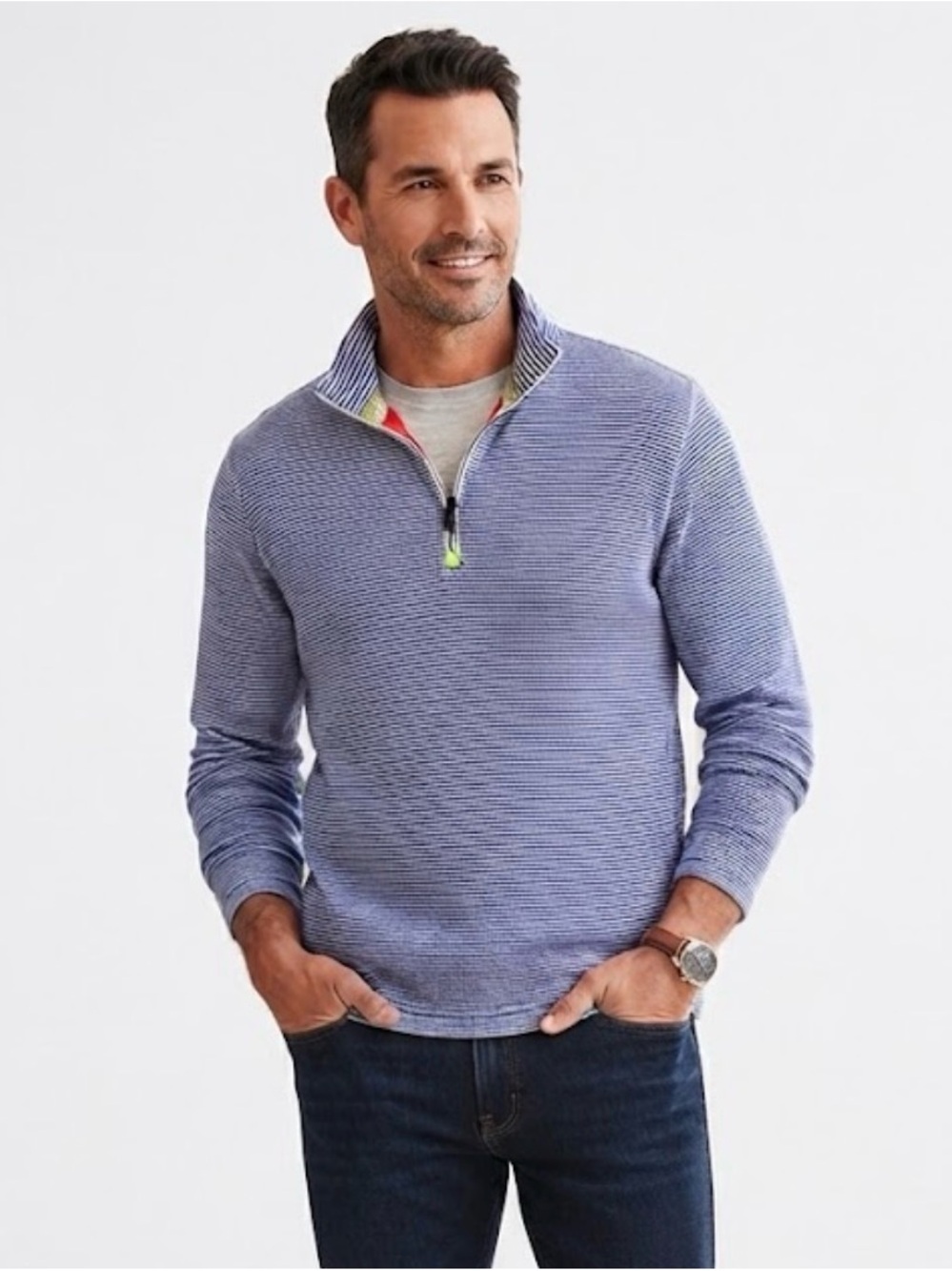 Robert Graham Men's Blue Striped Thermal 1/4-Zip Pullover Sweater SZ L